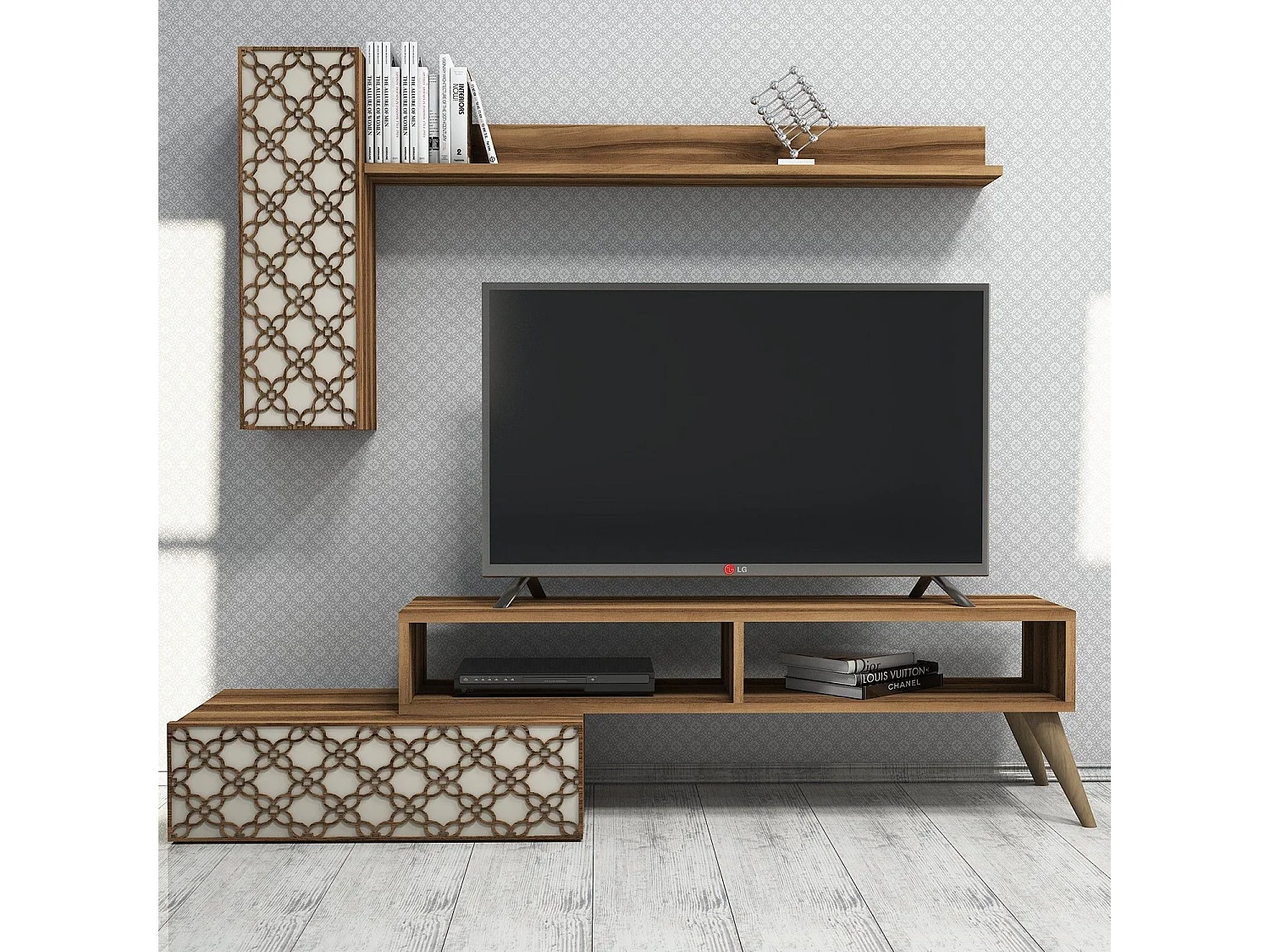 Conjunto de salón Kailua 1561, Nuez|Crema, Partes separadas|Con mesa de TV, 150x37cm