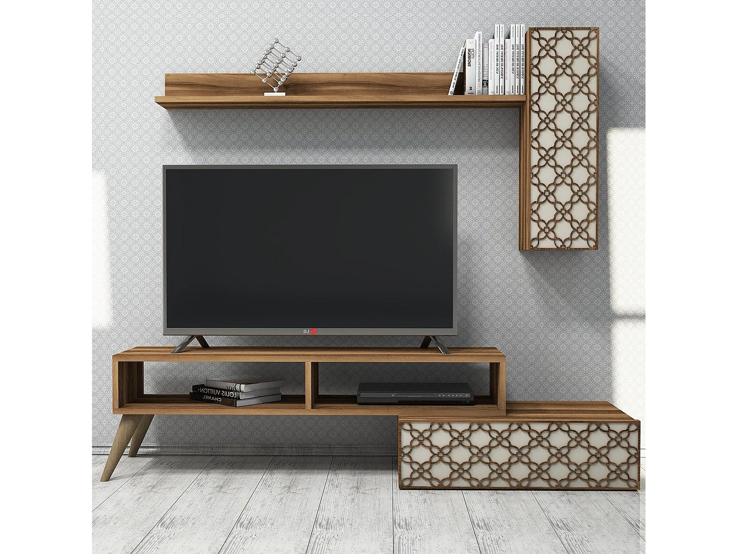 Conjunto de salón Kailua 1561, Nuez|Crema, Partes separadas|Con mesa de TV, 150x37cm
