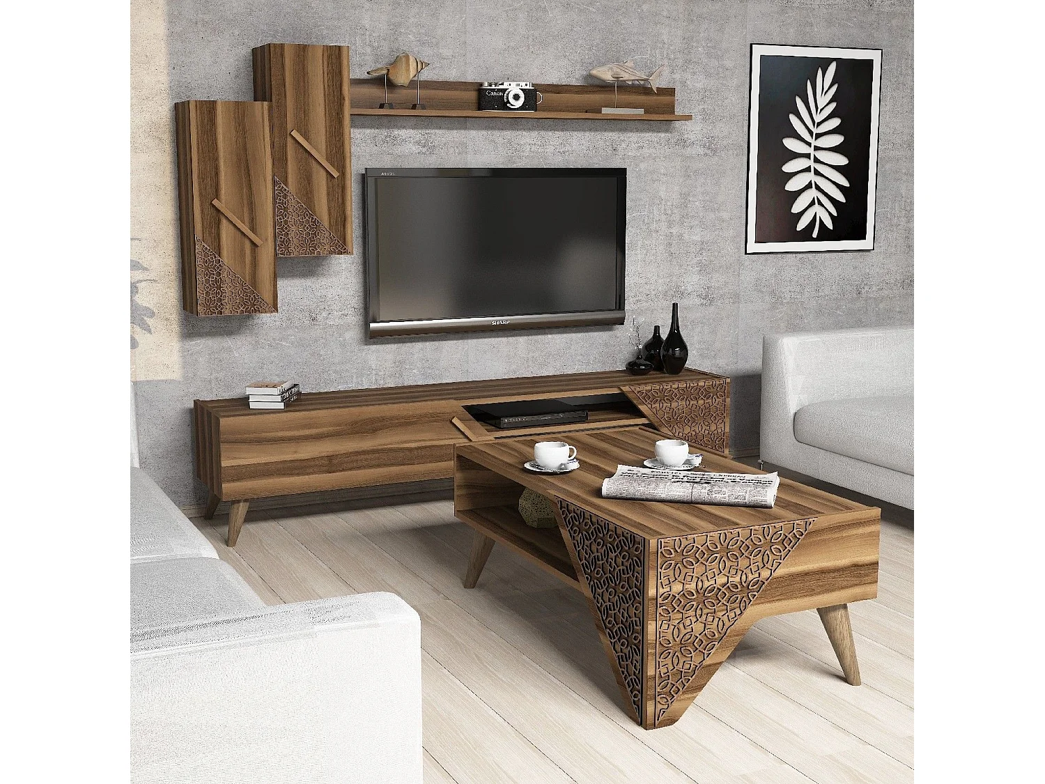 Conjunto de Mobiliário de Sala de Estar Beril em Nogueira