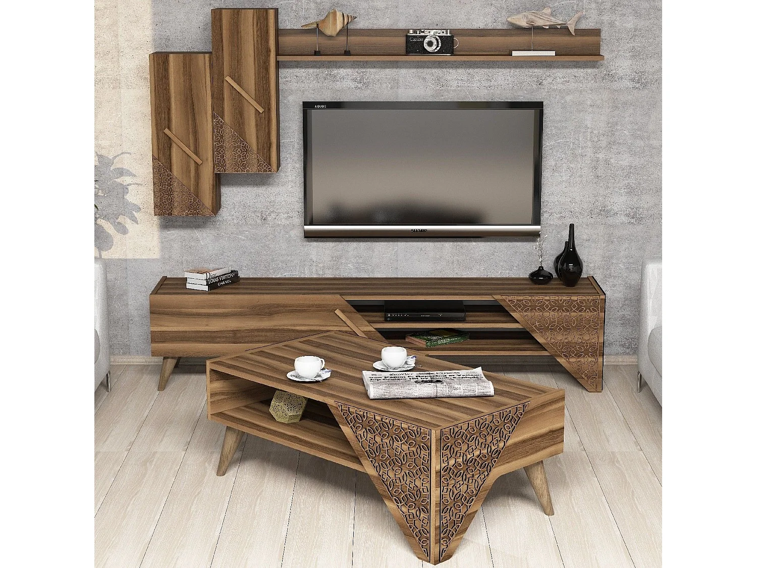 Ensemble meuble TV, étagère et table basse Forces Motif Arabesque Bois foncé