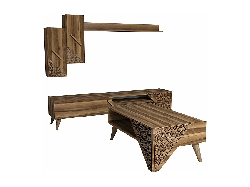 Ensemble meuble TV, étagère et table basse Forces Motif Arabesque Bois foncé