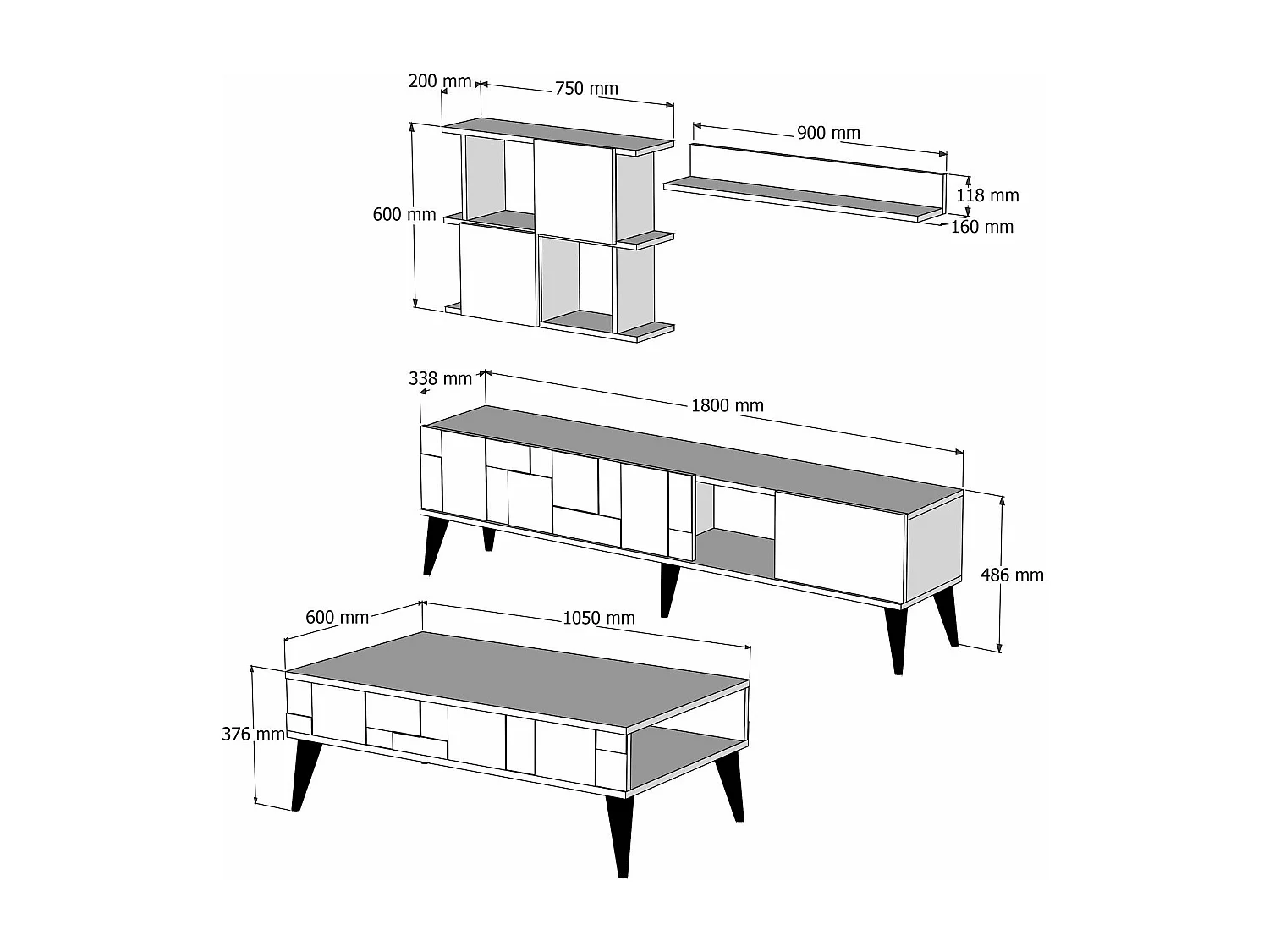 Conjunto de Mobiliário Madrid - Preto e Nogueira para Sala de Estar