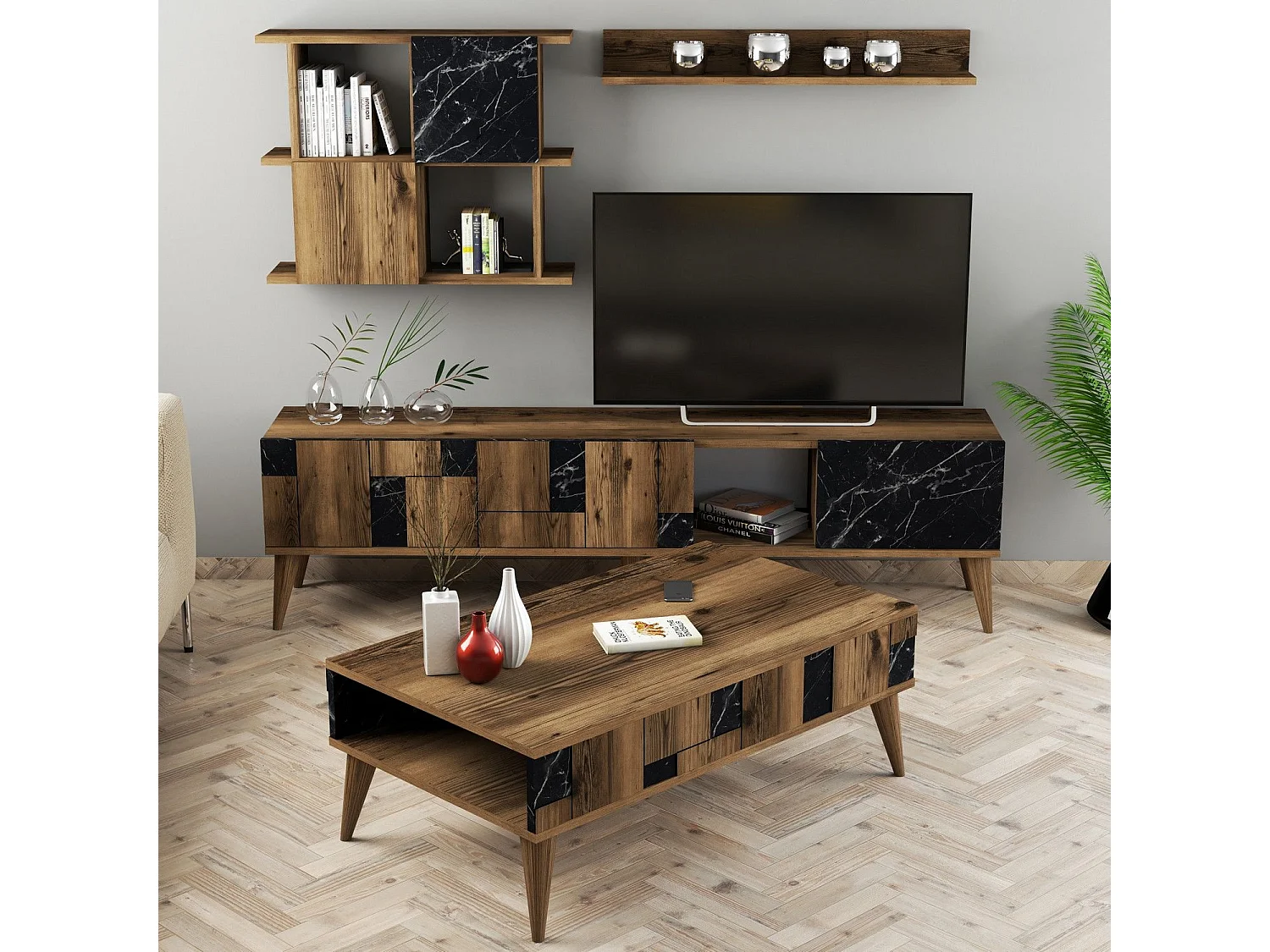 Ensemble living et table basse Dusty Bois foncé et Effet marbre Noir