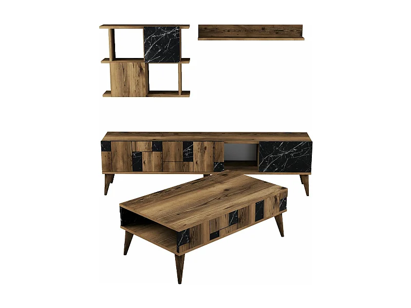 Ensemble living et table basse Dusty Bois foncé et Effet marbre Noir