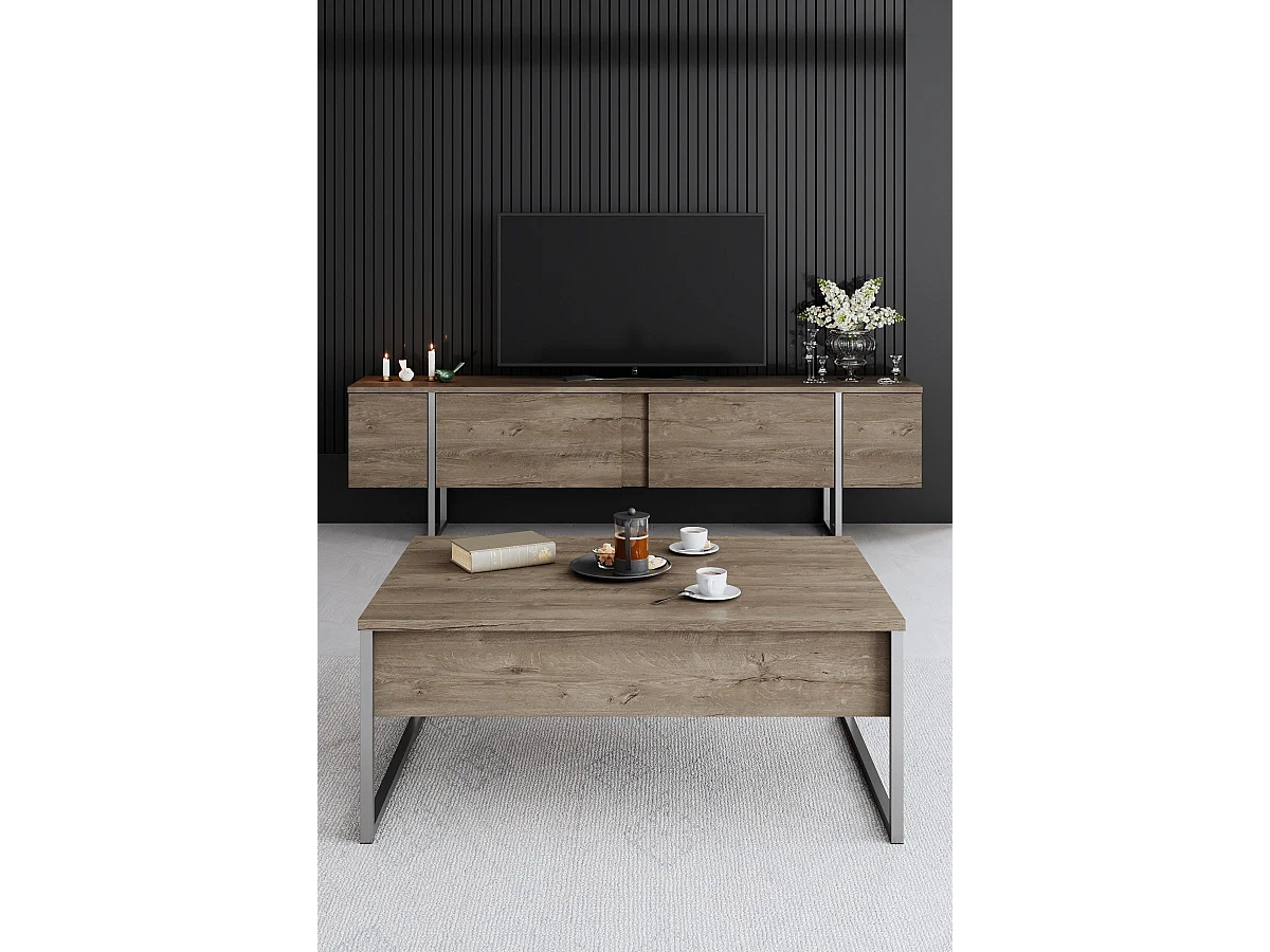 Mueble de TV – 180 x 30 x 50 cm – Nogal y Plata – Tablero de partículas recubierto de melamina