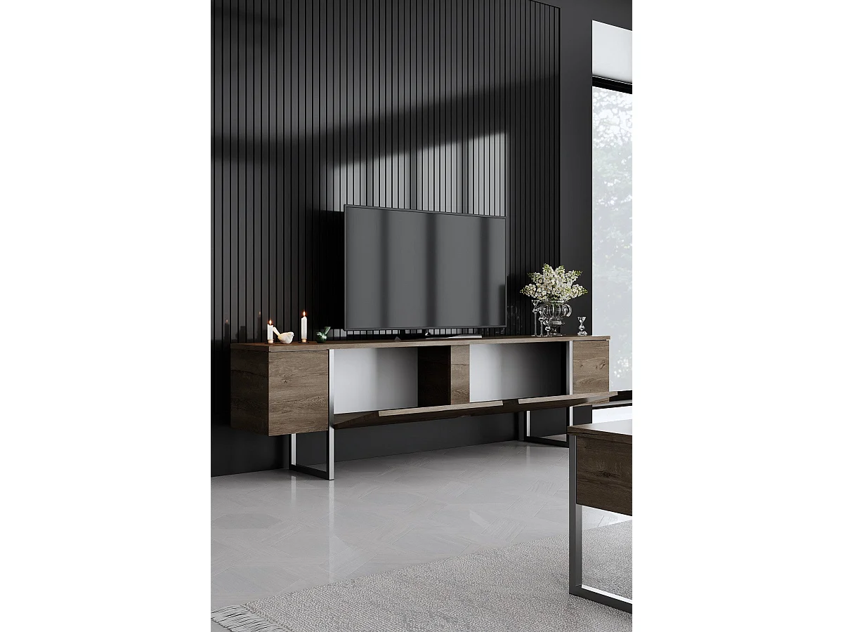 Mueble de TV – 180 x 30 x 50 cm – Nogal y Plata – Tablero de partículas recubierto de melamina