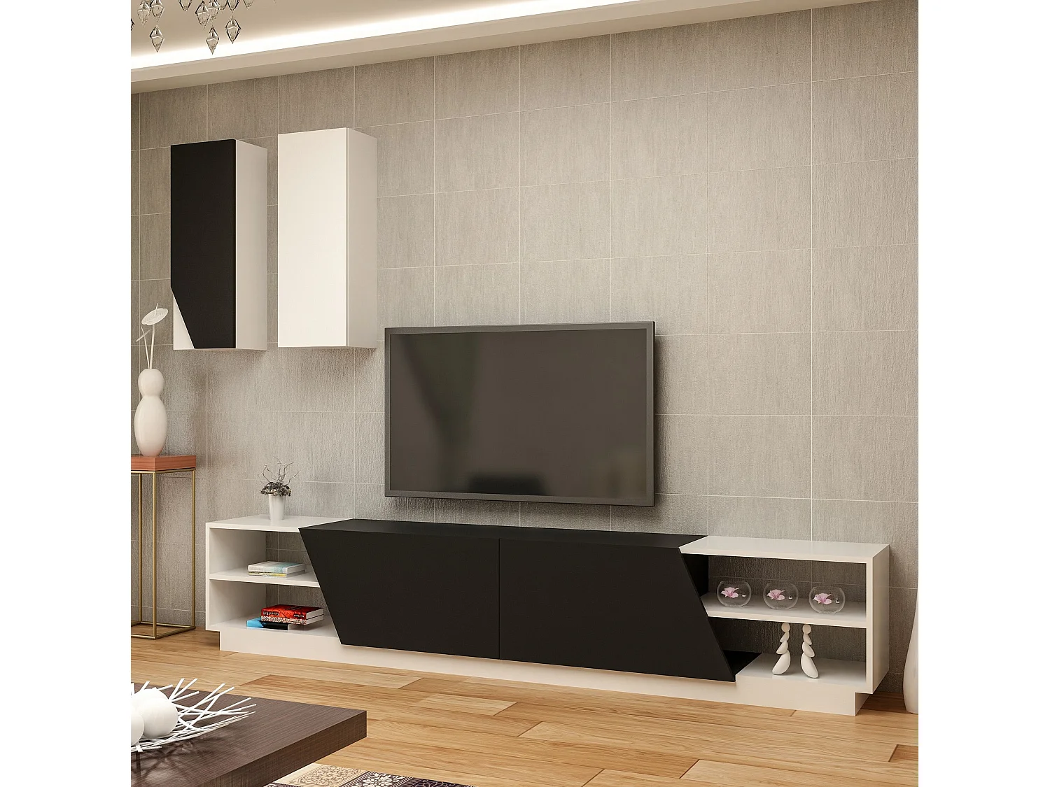 Moderner TV-Ständer mit Wandregalen – 240 x 47 x 37,5 cm – Schwarz und Weiß – Melamin