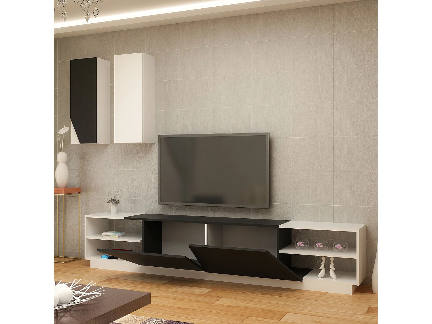 Moderner TV-Ständer mit Wandregalen – 240 x 47 x 37,5 cm – Schwarz und Weiß – Melamin