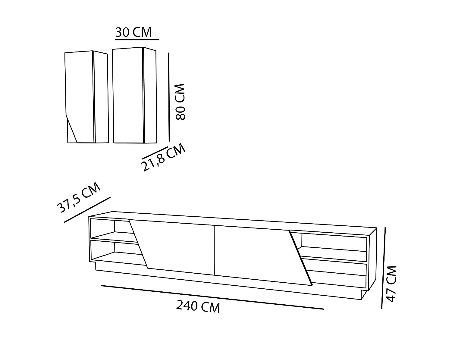 Moderner TV-Ständer mit Wandregalen – 240 x 47 x 37,5 cm – Schwarz und Weiß – Melamin