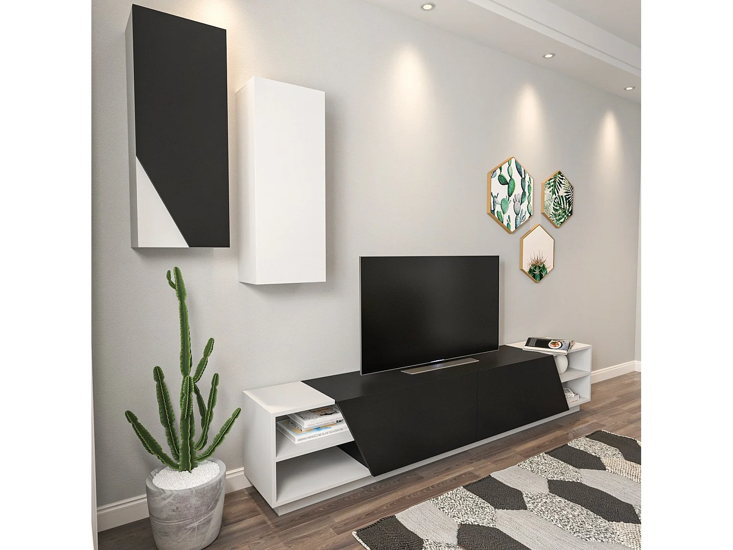 Moderner TV-Ständer mit Wandregalen – 240 x 47 x 37,5 cm – Schwarz und Weiß – Melamin