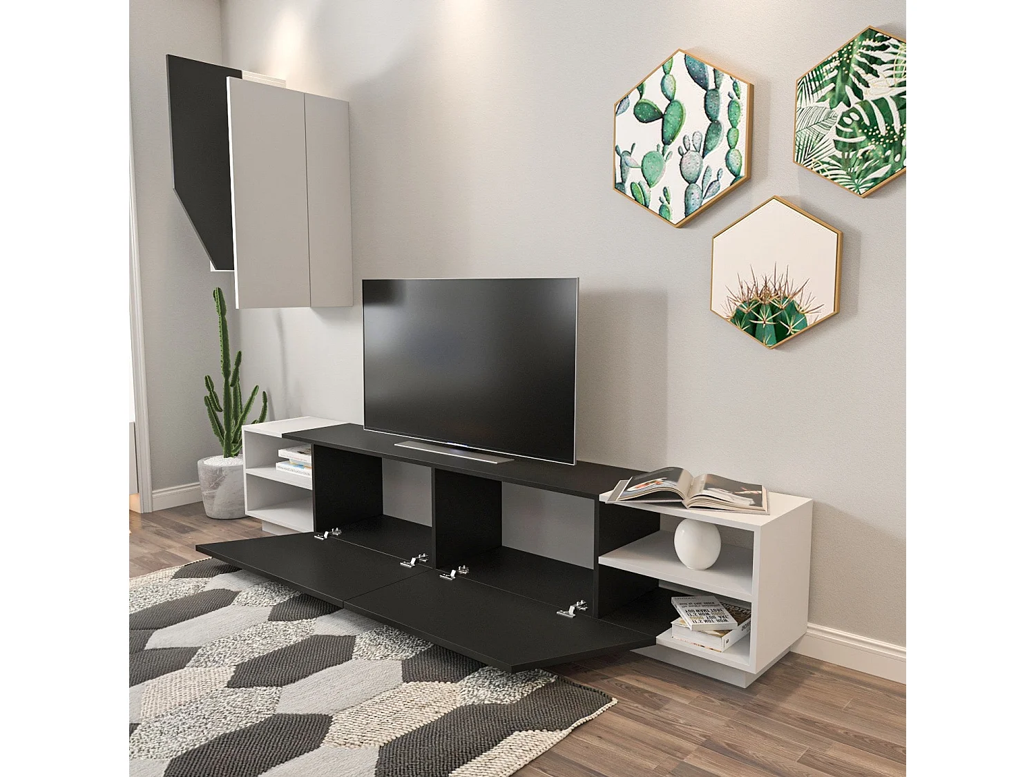 Moderner TV-Ständer mit Wandregalen – 240 x 47 x 37,5 cm – Schwarz und Weiß – Melamin