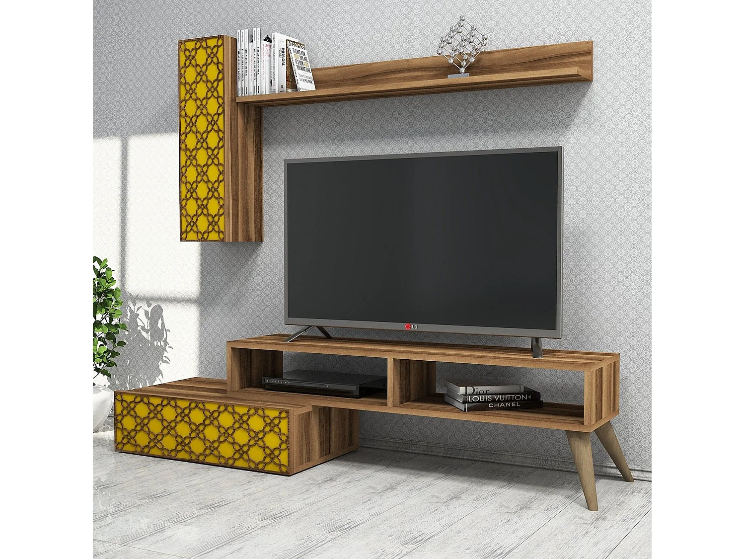 Mueble TV – 150 cm – Nogal y Amarillo – 100% melamina