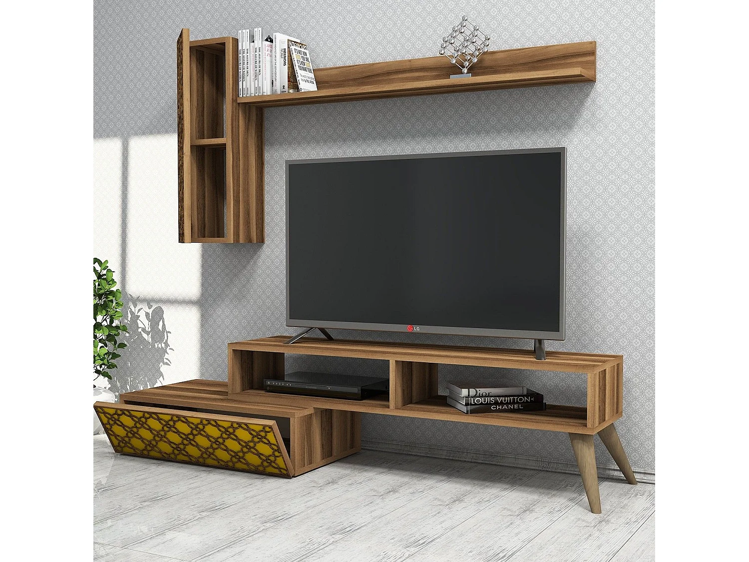 Mueble TV – 150 cm – Nogal y Amarillo – 100% melamina