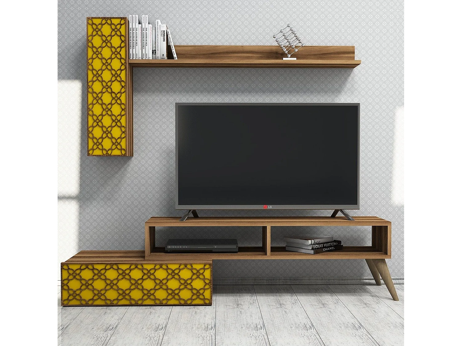 Mueble TV – 150 cm – Nogal y Amarillo – 100% melamina