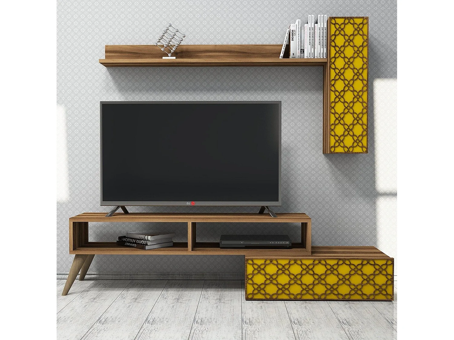 Mueble TV – 150 cm – Nogal y Amarillo – 100% melamina