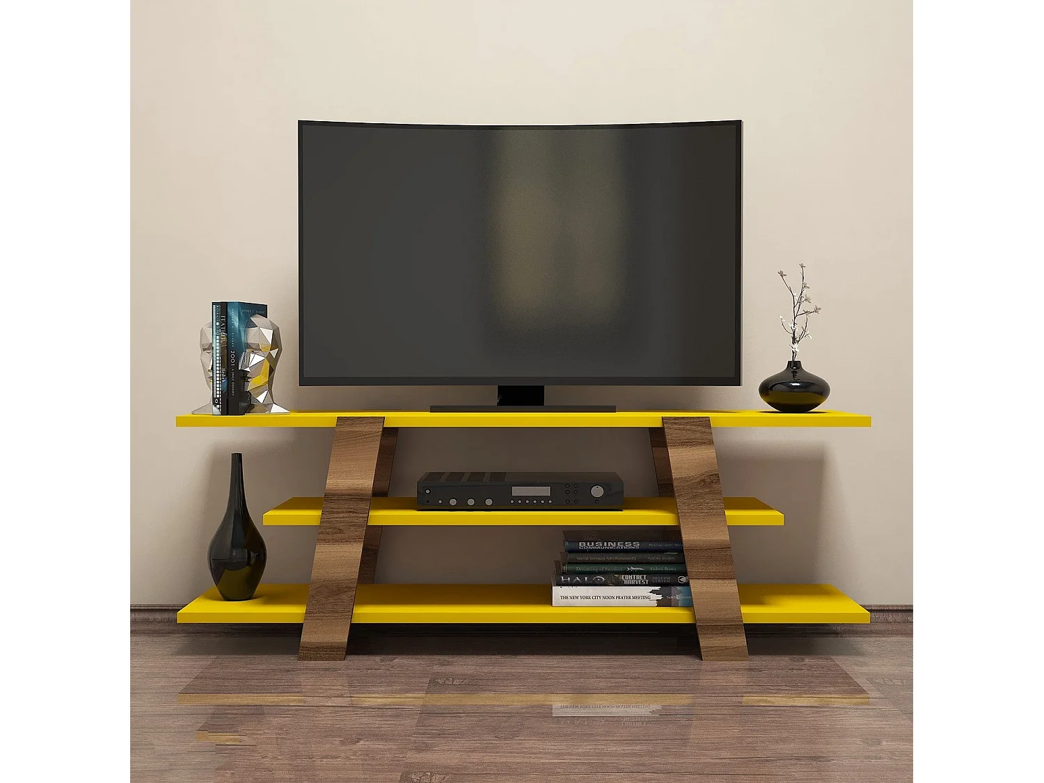 Mueble de TV – 120 x 42 x 33,6 cm – Nogal y Amarillo – Tablero de partículas recubierto de melamina