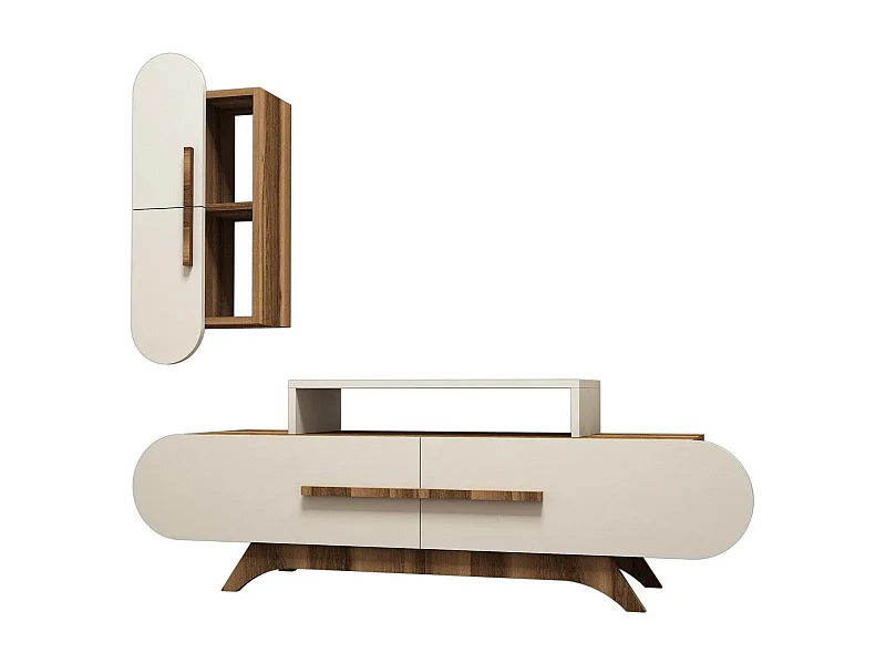 Mueble de TV moderno con estante de pared – 145 x 49,8 x 36,8 cm – Nogal y crema – Melamina