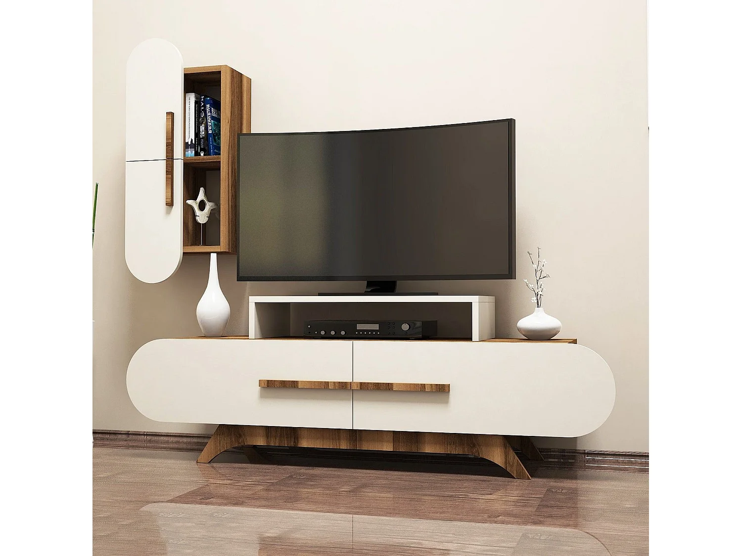 Mueble de TV moderno con estante de pared – 145 x 49,8 x 36,8 cm – Nogal y crema – Melamina