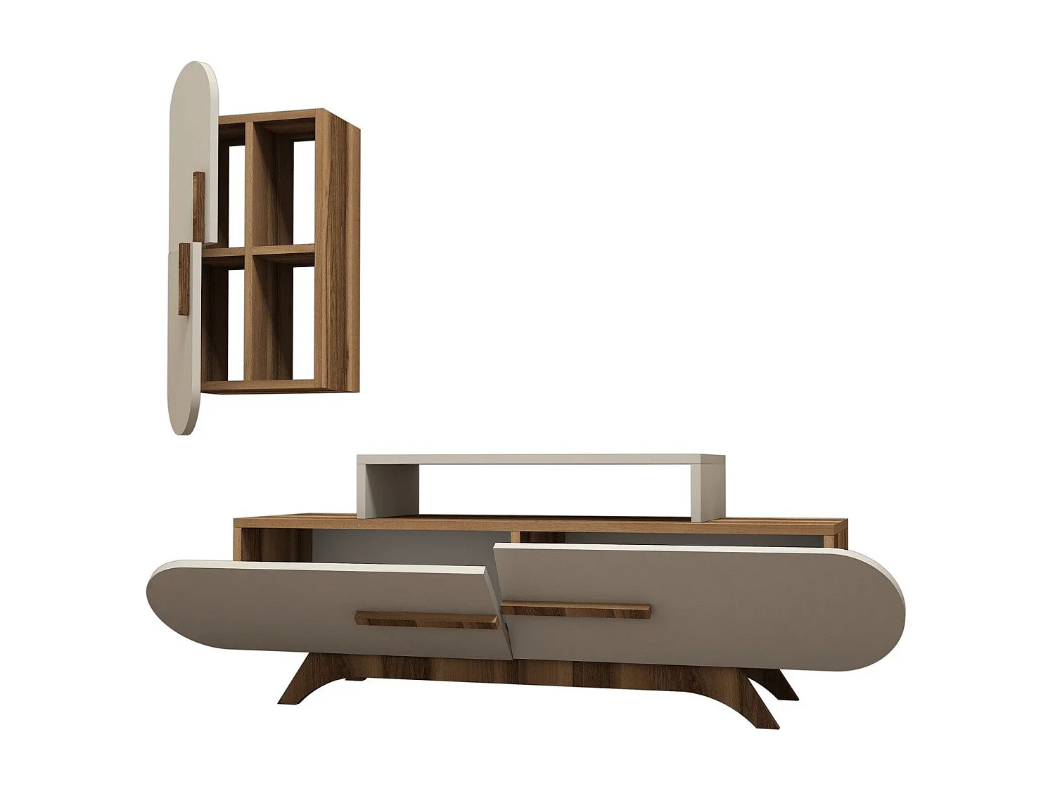 Mueble de TV moderno con estante de pared – 145 x 49,8 x 36,8 cm – Nogal y crema – Melamina