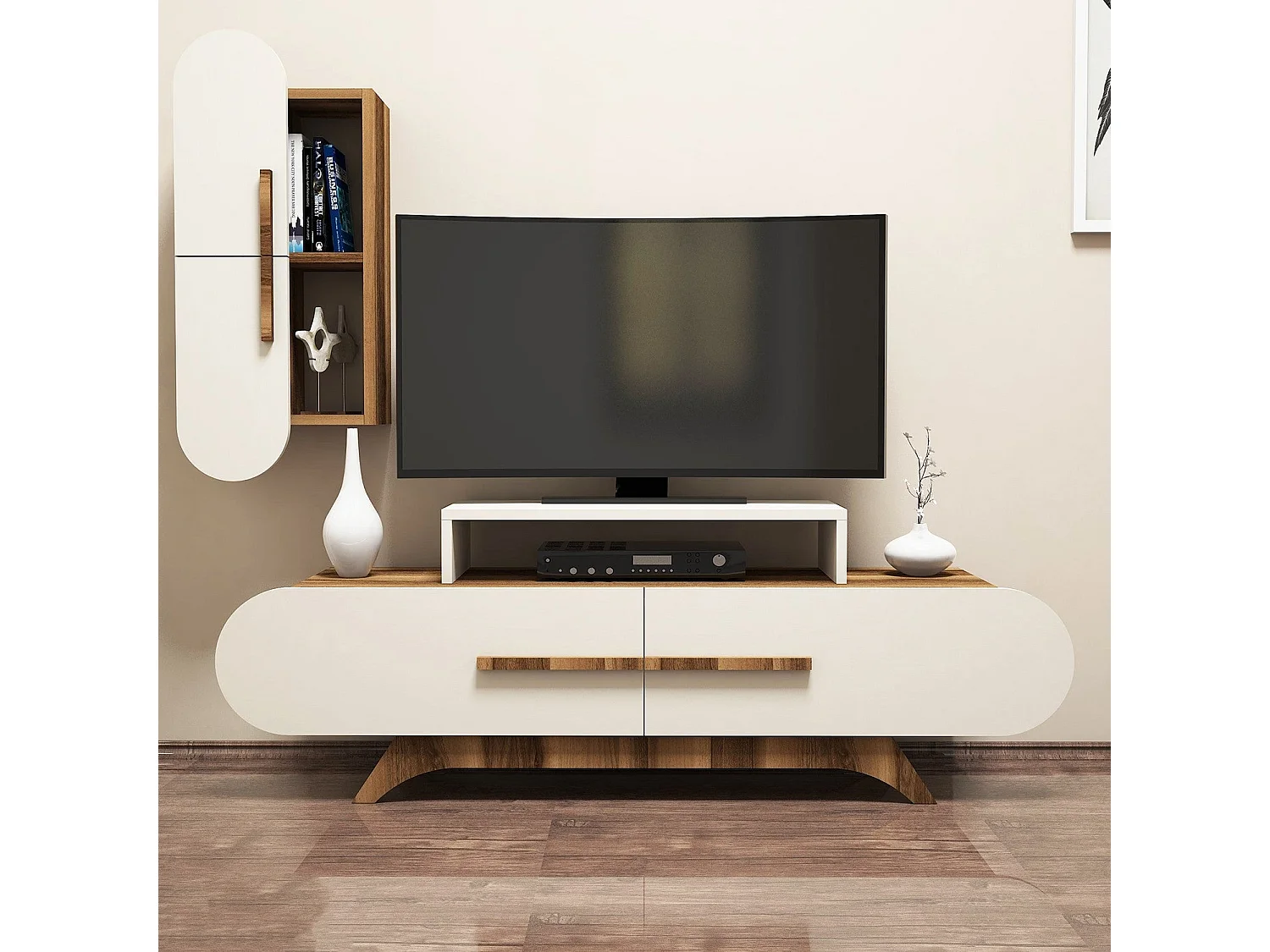 Mueble de TV moderno con estante de pared – 145 x 49,8 x 36,8 cm – Nogal y crema – Melamina