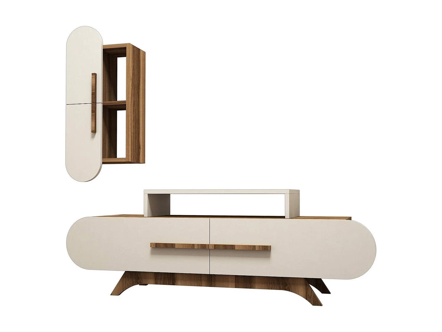 Mueble de TV moderno con estante de pared – 145 x 49,8 x 36,8 cm – Nogal y crema – Melamina