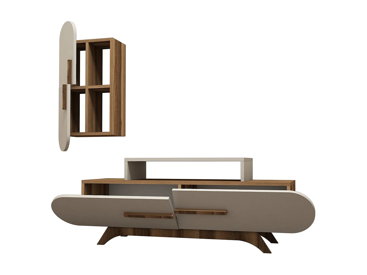 Mueble de TV moderno con estante de pared – 145 x 49,8 x 36,8 cm – Nogal y crema – Melamina