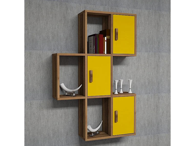 Estante de pared – 50 x 112,6 x 20 cm – Nogal y amarillo – Tablero de partículas recubierto de melamina