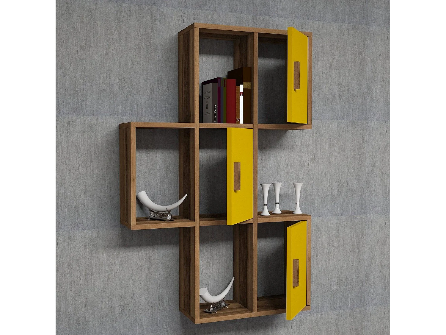 Estante de pared – 50 x 112,6 x 20 cm – Nogal y amarillo – Tablero de partículas recubierto de melamina