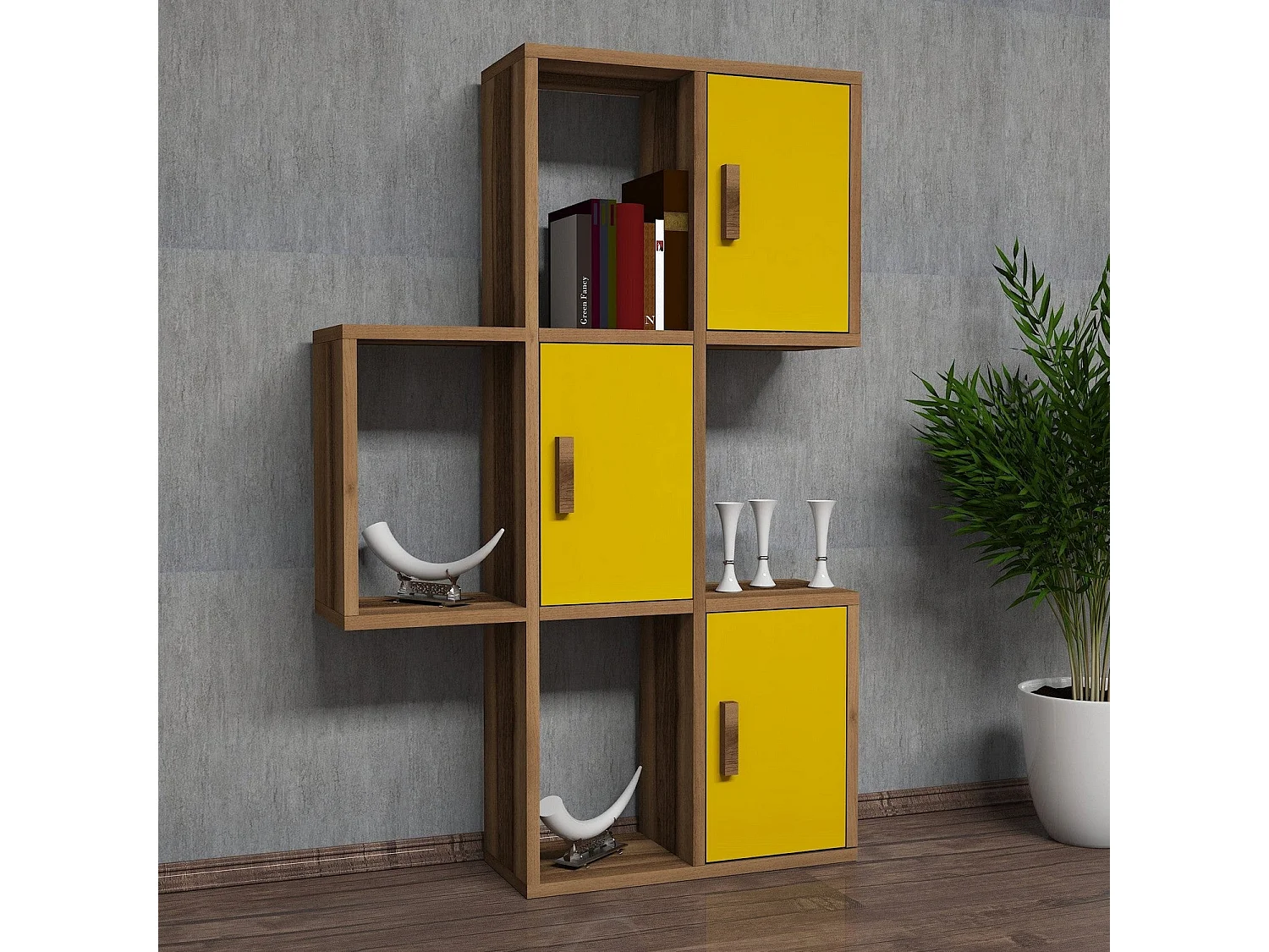 Estante de pared – 50 x 112,6 x 20 cm – Nogal y amarillo – Tablero de partículas recubierto de melamina