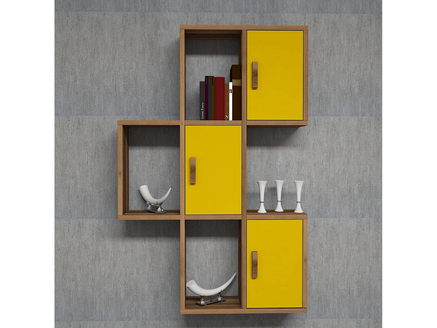 Wandregal – 50 x 112,6 x 20 cm – Walnuss und Gelb – Melaminbeschichtete Spanplatte