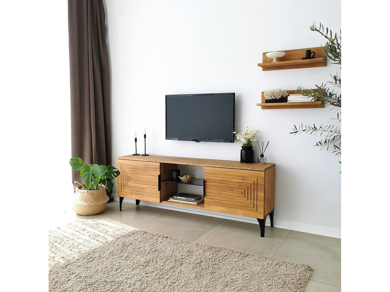 Ensemble meuble TV et 2 étagères murales Belis Bois massif Chêne clair Motif Rectangles en relief