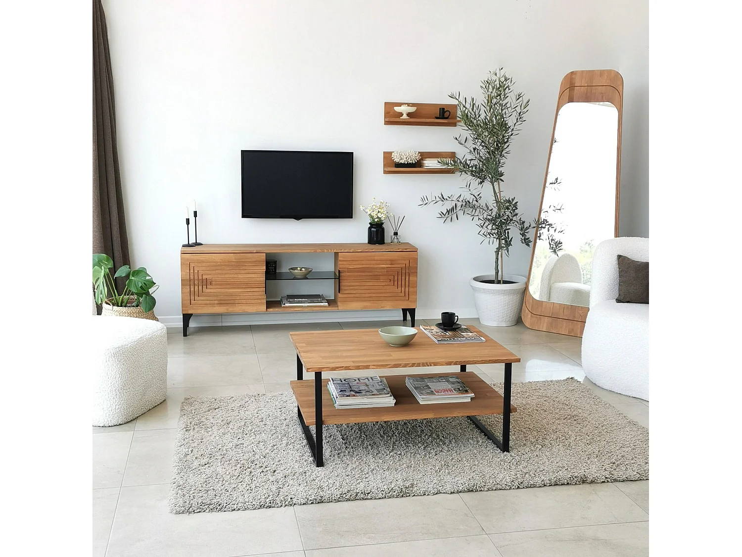 Ensemble meuble TV et 2 étagères murales Belis Bois massif Chêne clair Motif Rectangles en relief