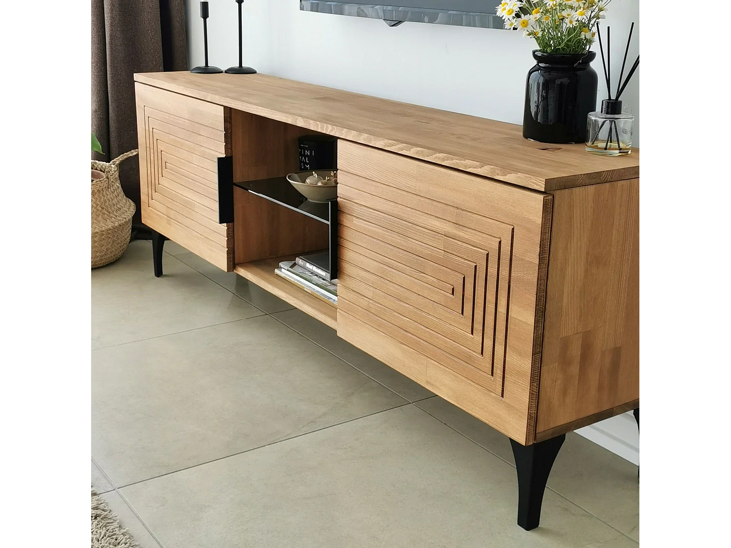 Ensemble meuble TV et 2 étagères murales Belis Bois massif Chêne clair Motif Rectangles en relief