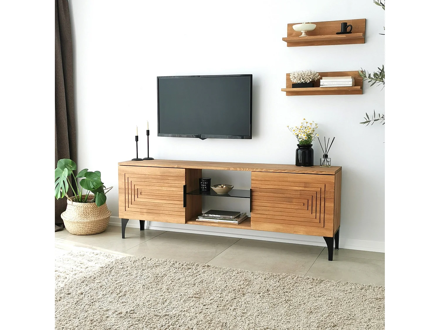 Ensemble meuble TV et 2 étagères murales Belis Bois massif Chêne clair Motif Rectangles en relief