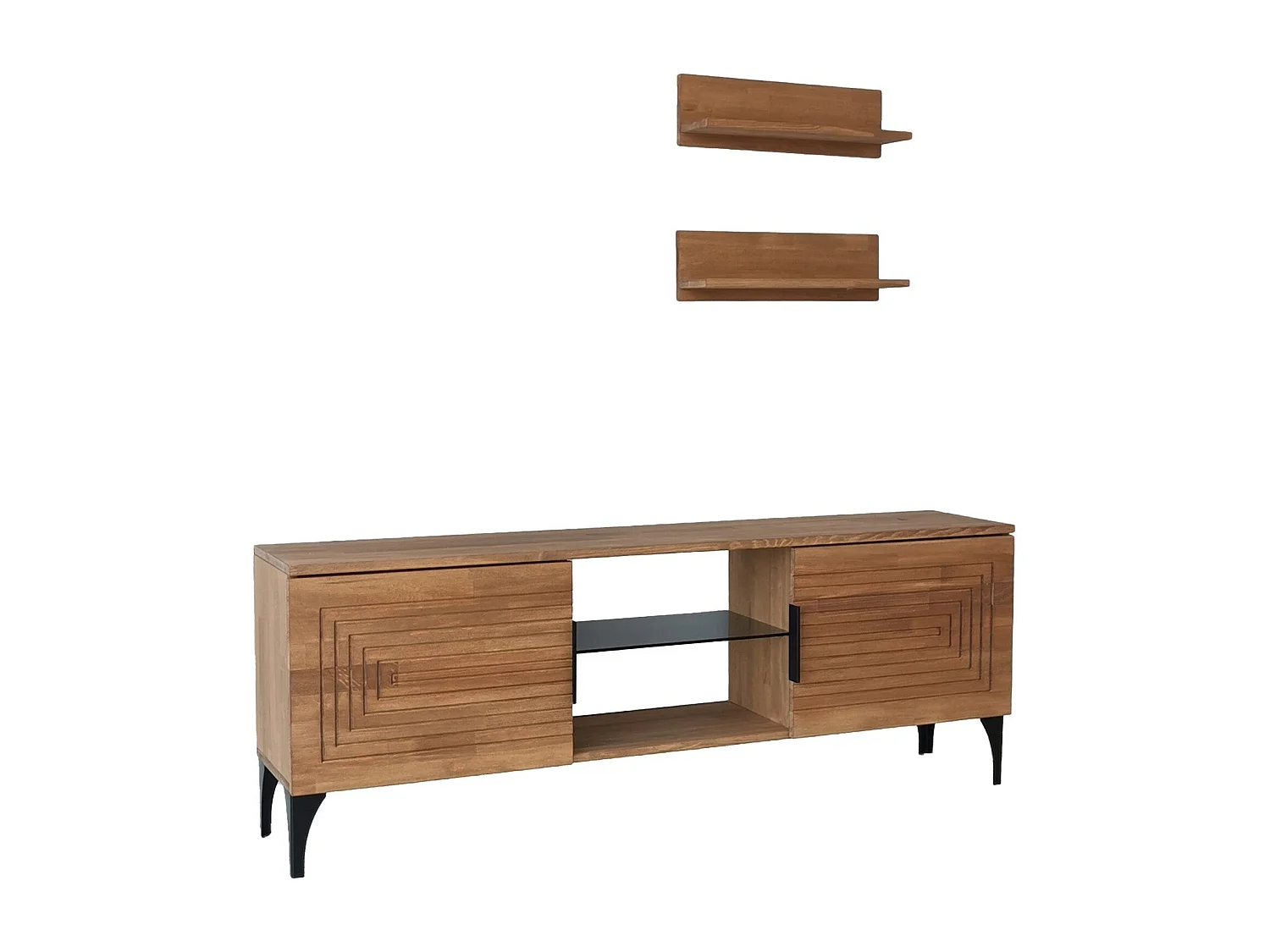 Ensemble meuble TV et 2 étagères murales Belis Bois massif Chêne clair Motif Rectangles en relief