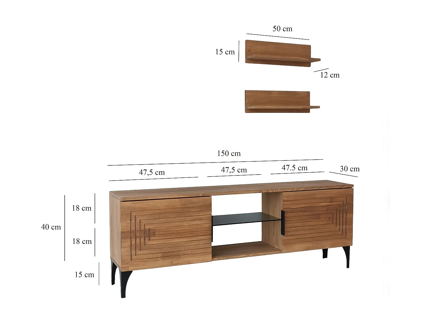 Ensemble meuble TV et 2 étagères murales Belis Bois massif Chêne clair Motif Rectangles en relief