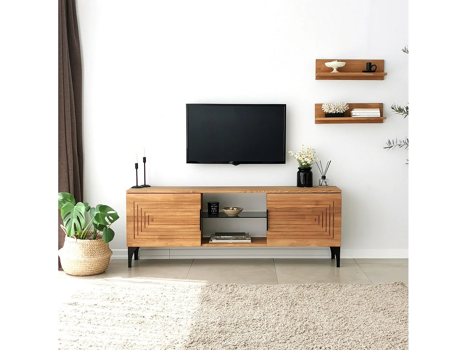 Ensemble meuble TV et 2 étagères murales Belis Bois massif Chêne clair Motif Rectangles en relief