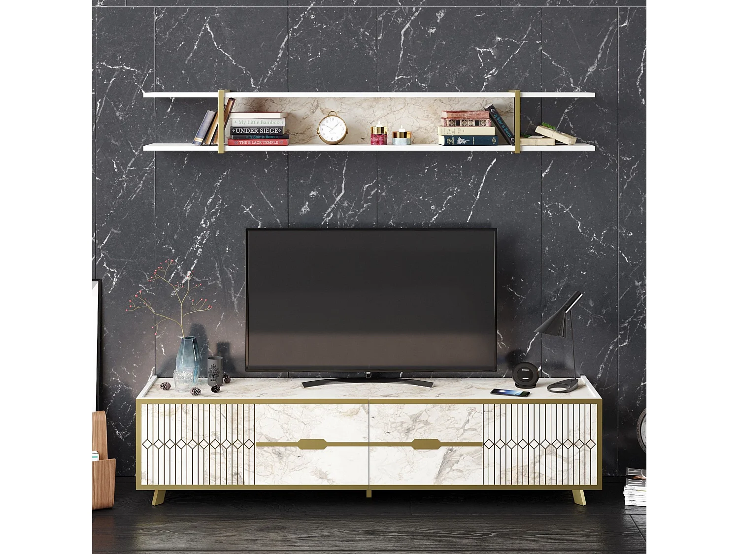 Moderner TV-Ständer – 180 cm – weiß – Spanplatte mit Melaminbeschichtung