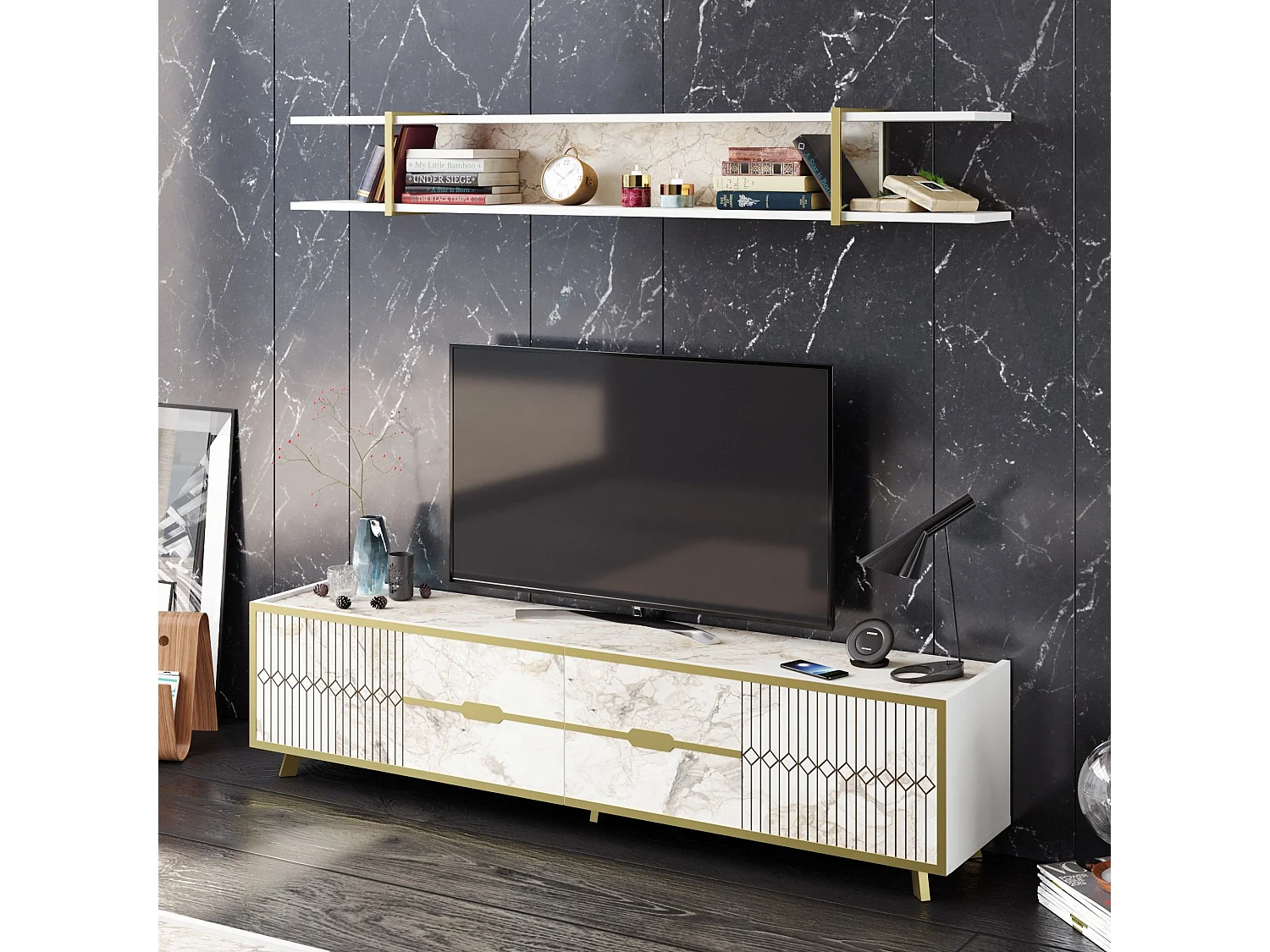 Moderner TV-Ständer – 180 cm – weiß – Spanplatte mit Melaminbeschichtung