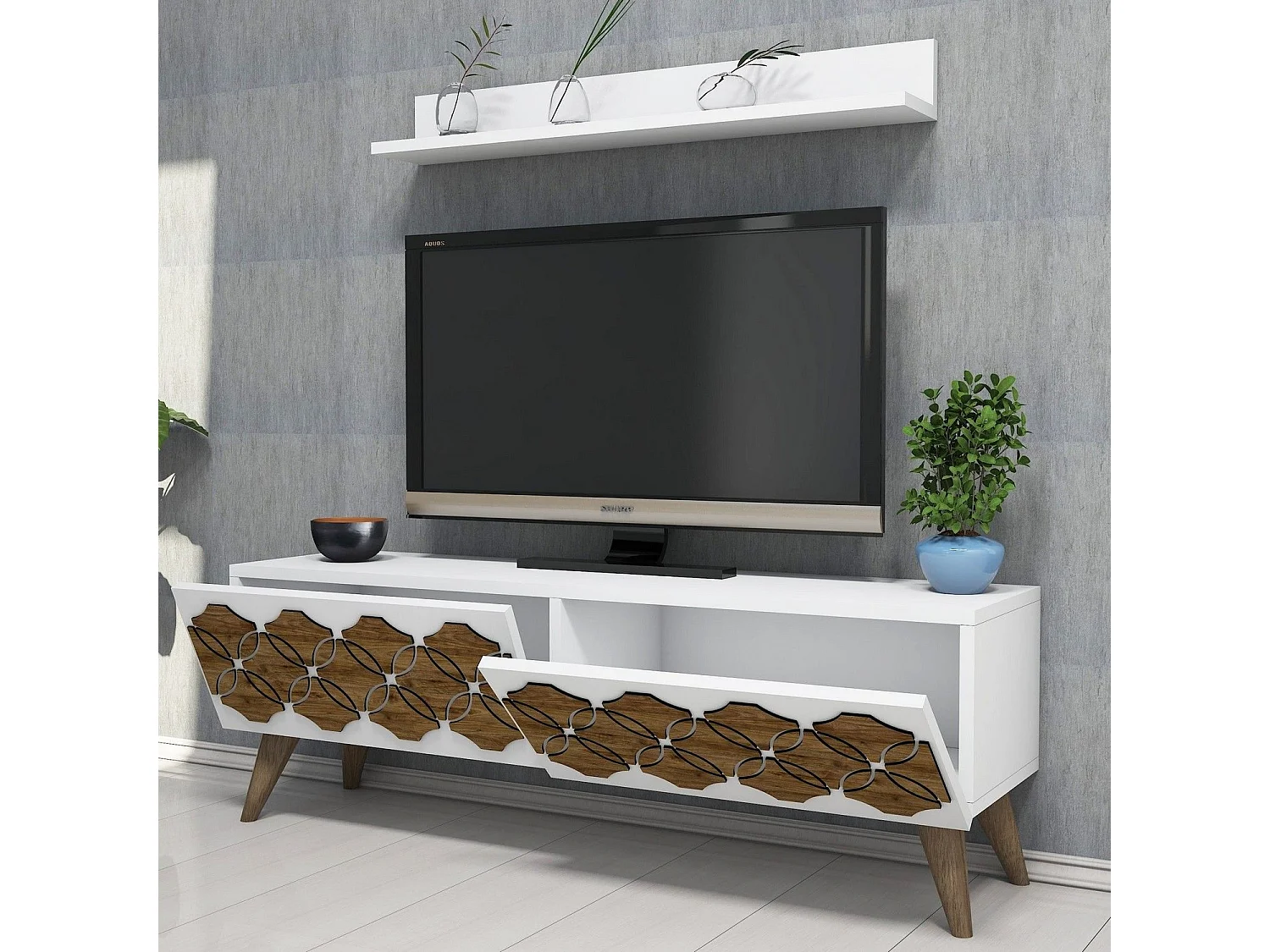 Mueble de TV moderno – 120 cm – Blanco – Tablero de partículas recubierto 100% melamina