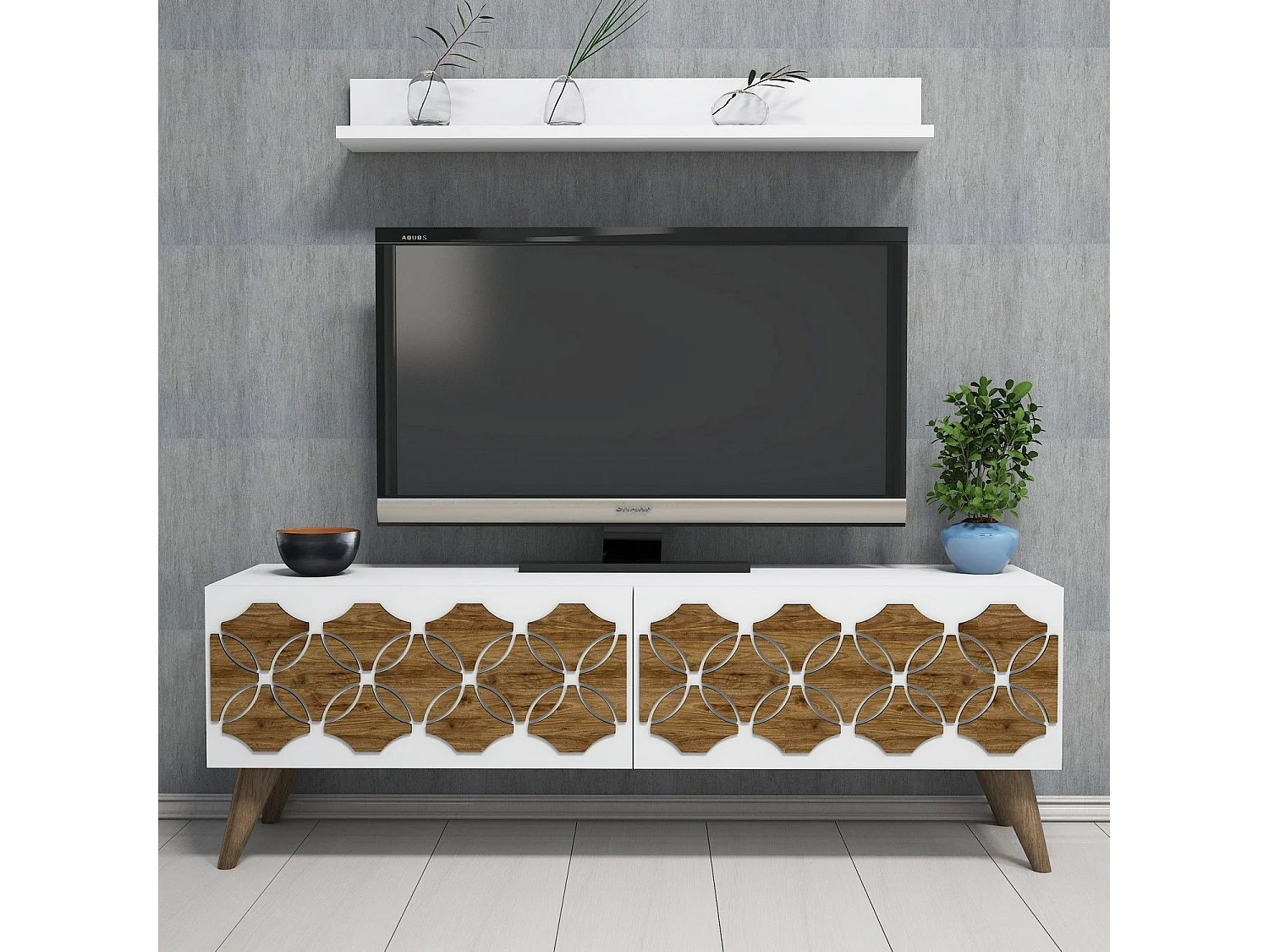 Mueble de TV moderno – 120 cm – Blanco – Tablero de partículas recubierto 100% melamina