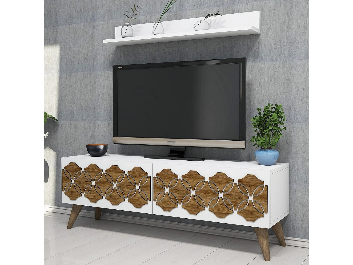 Mueble de TV moderno – 120 cm – Blanco – Tablero de partículas recubierto 100% melamina
