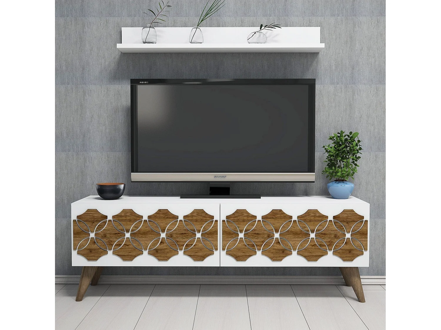 Mueble de TV moderno – 120 cm – Blanco – Tablero de partículas recubierto 100% melamina