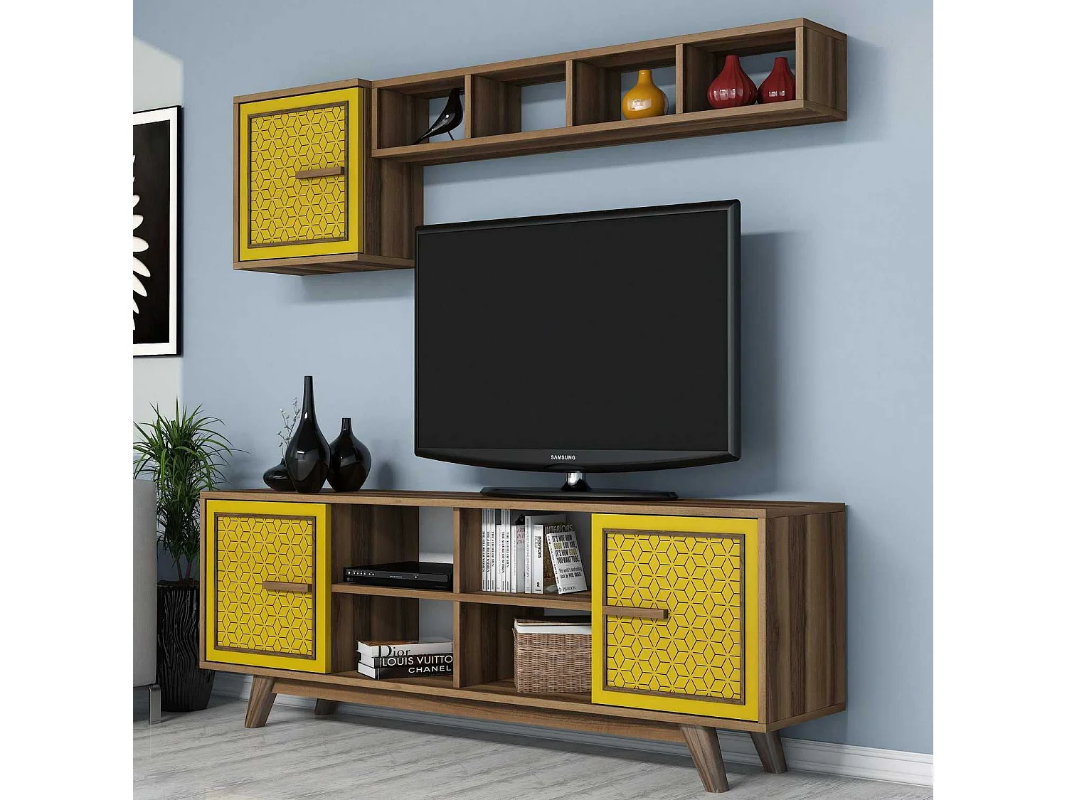 Mueble de TV – 160 cm – nogal y amarillo – 100% recubierto de melamina