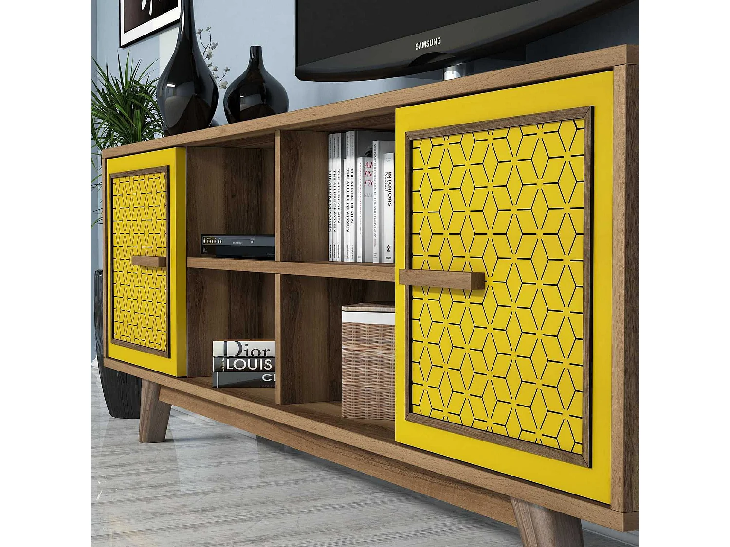 Mueble de TV – 160 cm – nogal y amarillo – 100% recubierto de melamina