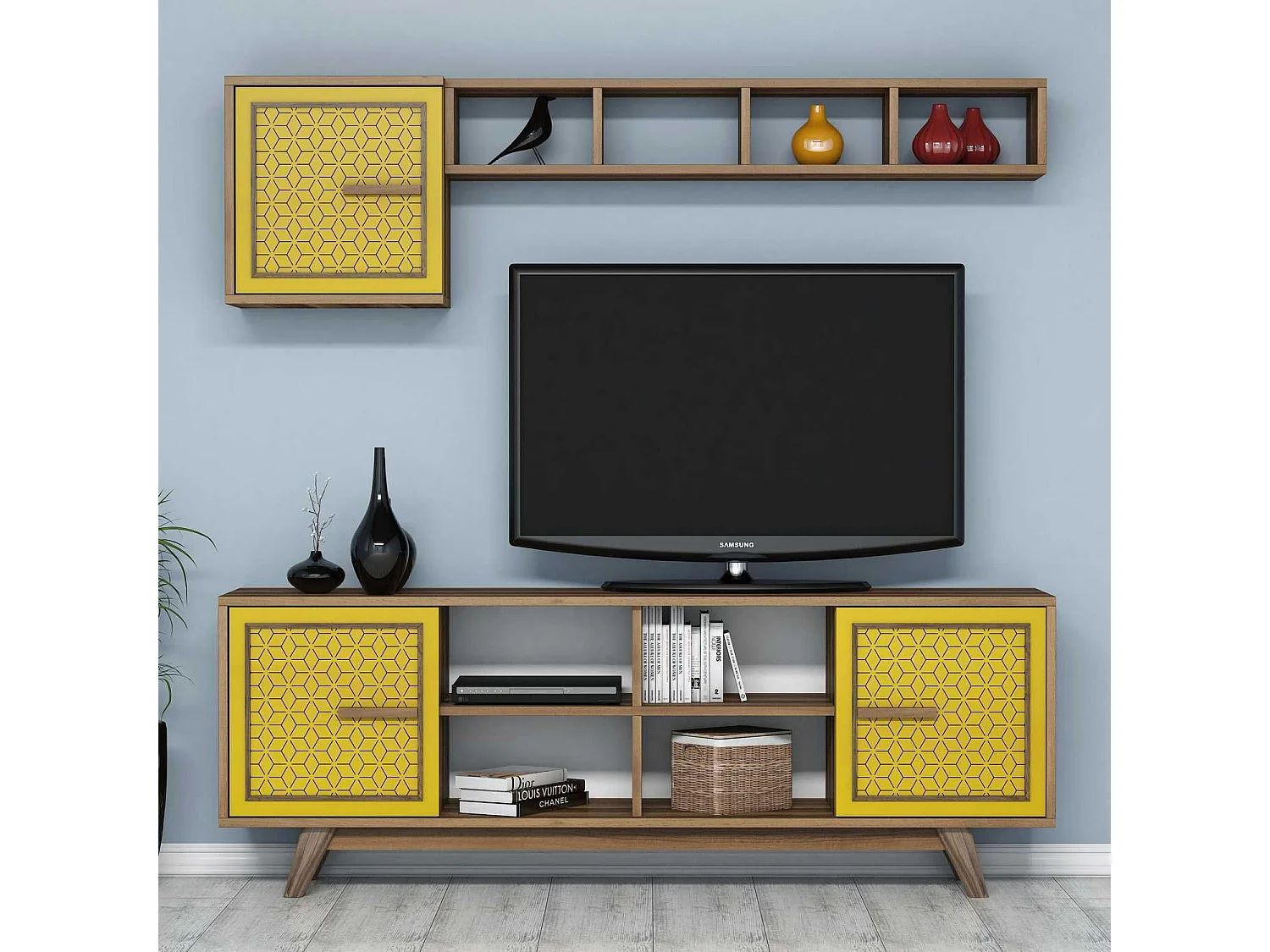 Mueble de TV – 160 cm – nogal y amarillo – 100% recubierto de melamina
