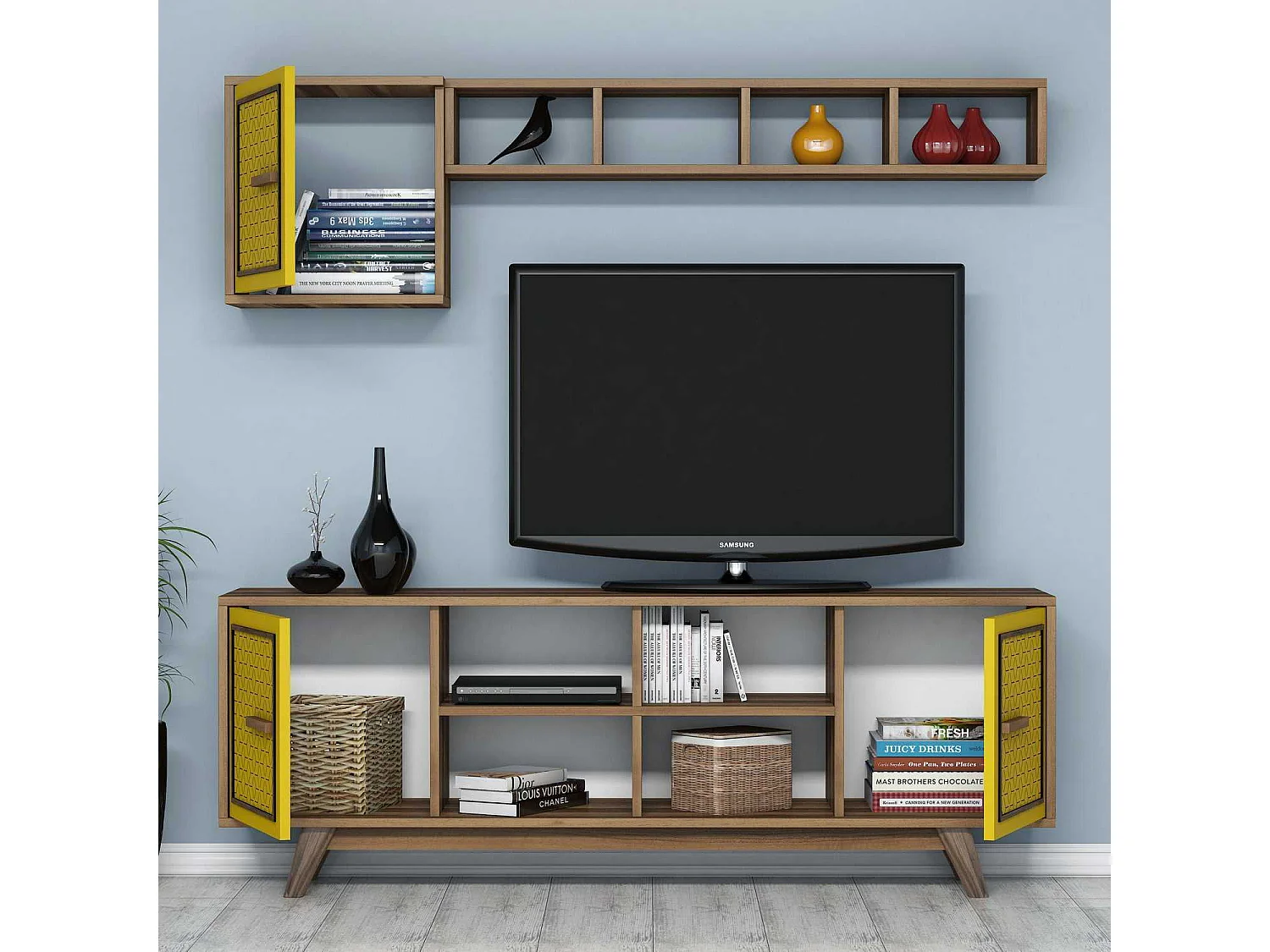 Mueble de TV – 160 cm – nogal y amarillo – 100% recubierto de melamina
