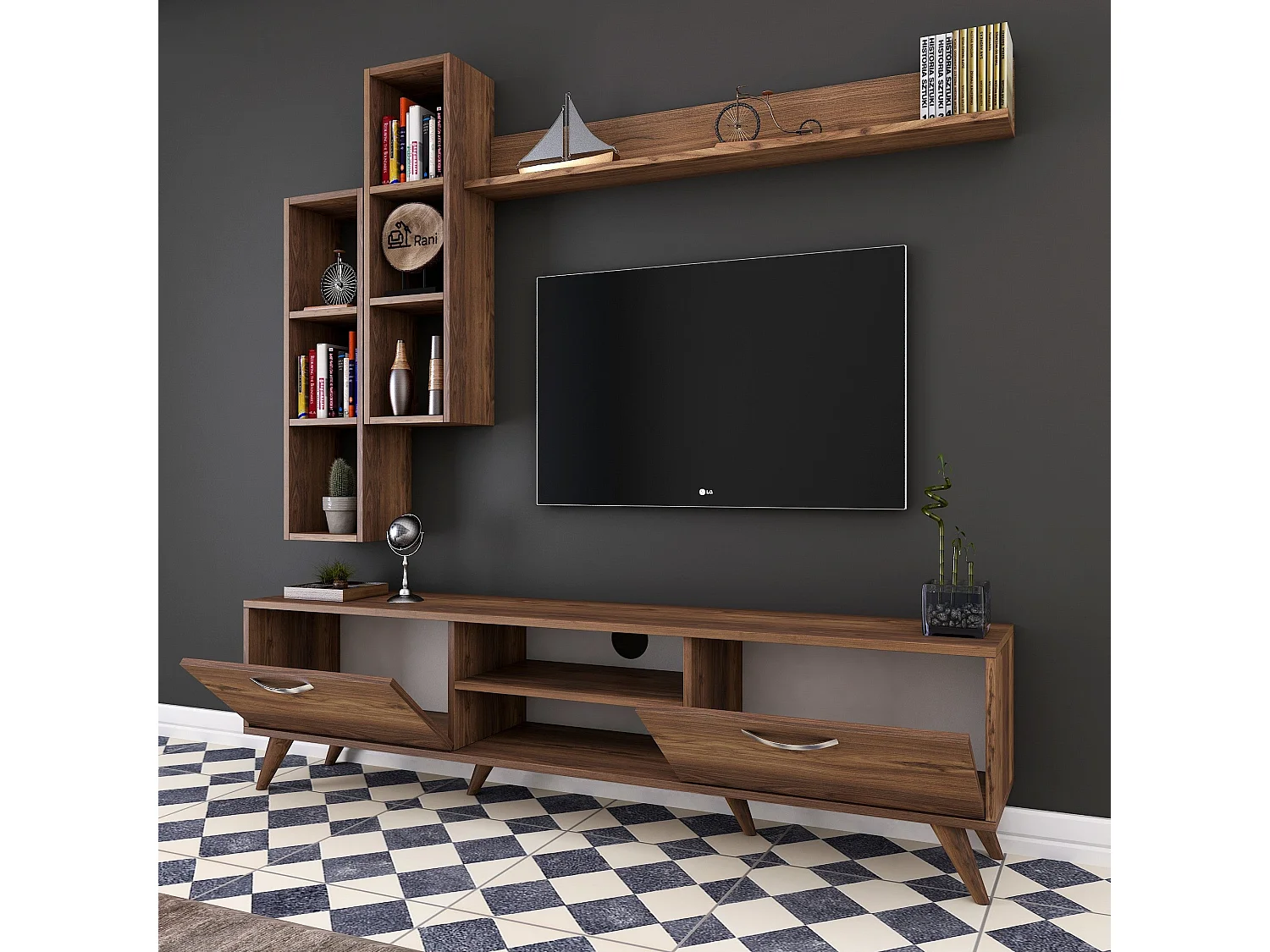 Mueble de TV moderno – 180 cm de ancho – color nogal – material de melamina