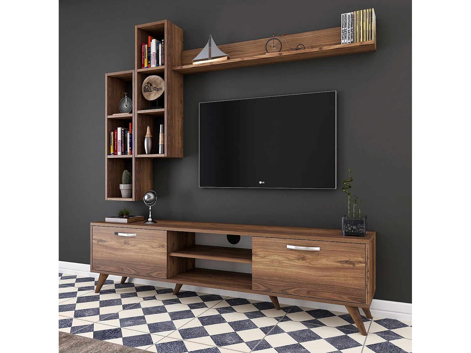 Mueble de TV moderno – 180 cm de ancho – color nogal – material de melamina