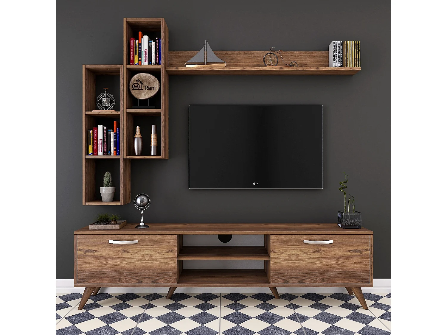 Mueble de TV moderno – 180 cm de ancho – color nogal – material de melamina